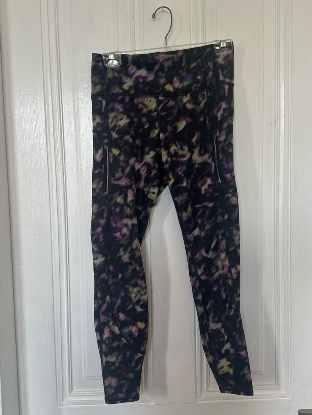 Athleta Black Leggings with Purple & Cream Print